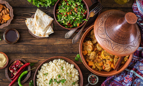Top 7 Moroccan foods including tajine, pastilla, couscous, tanjia, Tkalia and zaalouk